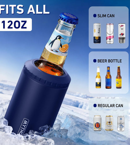 3 in 1 Slim Can Cooler for 12 OZ Skinny Can, Regular Can & Beer Bottle - Keep Cold for 6 Hours - Double Walled Insulated Stainless Steel Vacuum Beverage Can Insulator (Navy Blue)