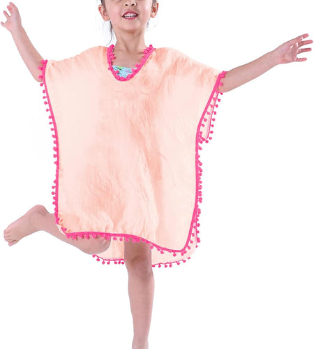 Girls Swim Cover up Beach Swimwear Coverup Swimsuit Wraps with Pom Pom Trim