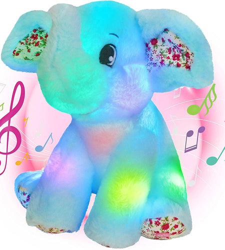 12‘’ Musical Light up Elephant Plush Toy Floppy LED Stuffed Animals Lullabies Nightlight Bedtime for Kids Birthday for Toddlers, Blue