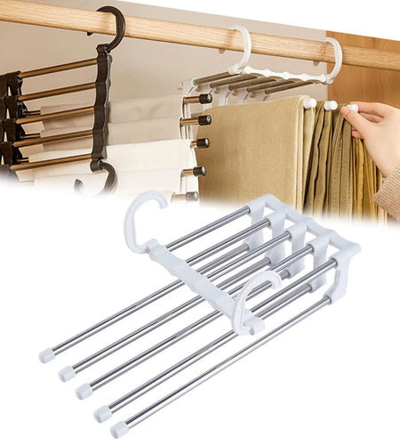 MaxiRack 5-in-1 Magic Trouser Rack – Stainless Steel Folding Pant & Tie Organizer for Closet & Wardrobe Storage