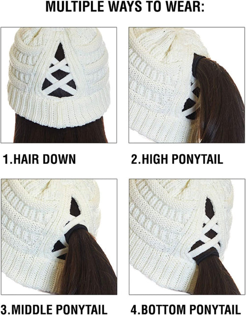 Load image into Gallery viewer, Exclusives Soft Stretch Cable Knit Messy Bun Ponytail Beanie Winter Hat for Women (MB-20A)(CCB-1)
