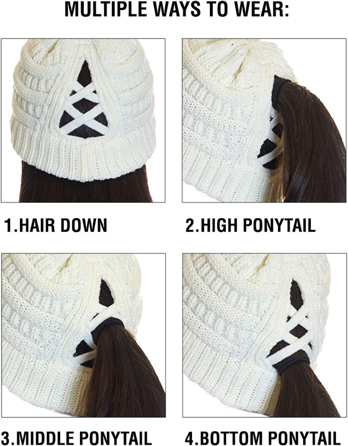 Exclusives Soft Stretch Cable Knit Messy Bun Ponytail Beanie Winter Hat for Women (MB-20A)(CCB-1)