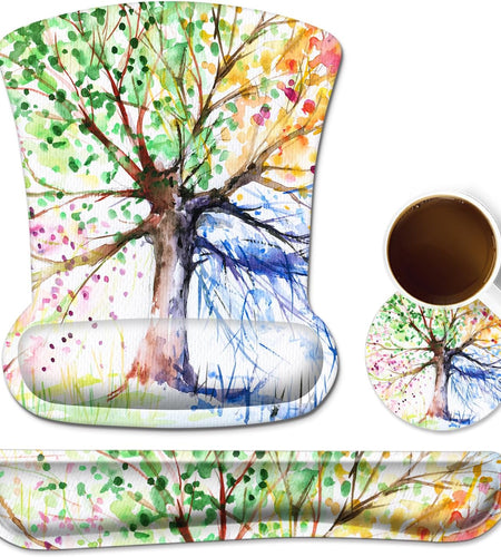 Ergonomic Mouse Pad with Wrist Rest Support and Keyboard Wrist Rest Pad,  Cute Wrist Pad with Non-Slip Rubber Base and Raised Memory Foam, Easy Typing & Pain Relief, Four Seasons Tree