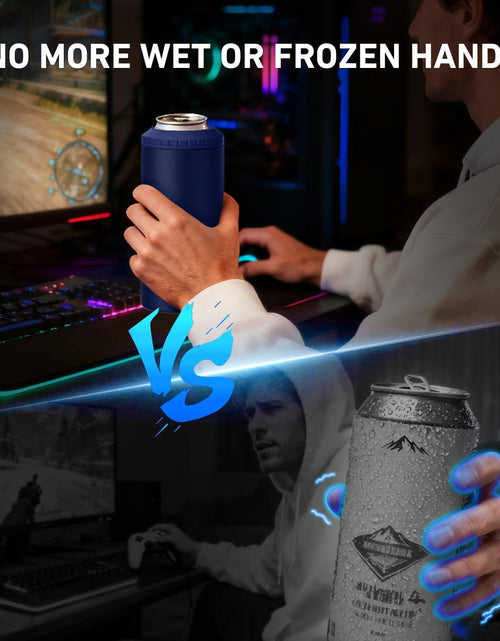 Load image into Gallery viewer, 3 in 1 Slim Can Cooler for 12 OZ Skinny Can, Regular Can &amp; Beer Bottle - Keep Cold for 6 Hours - Double Walled Insulated Stainless Steel Vacuum Beverage Can Insulator (Navy Blue)
