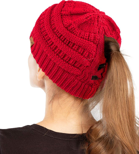Exclusives Soft Stretch Cable Knit Messy Bun Ponytail Beanie Winter Hat for Women (MB-20A)(CCB-1)