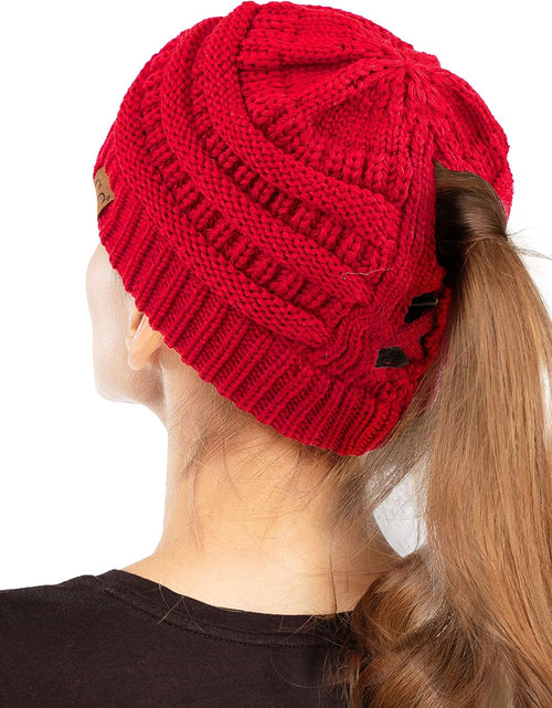 Load image into Gallery viewer, Exclusives Soft Stretch Cable Knit Messy Bun Ponytail Beanie Winter Hat for Women (MB-20A)(CCB-1)
